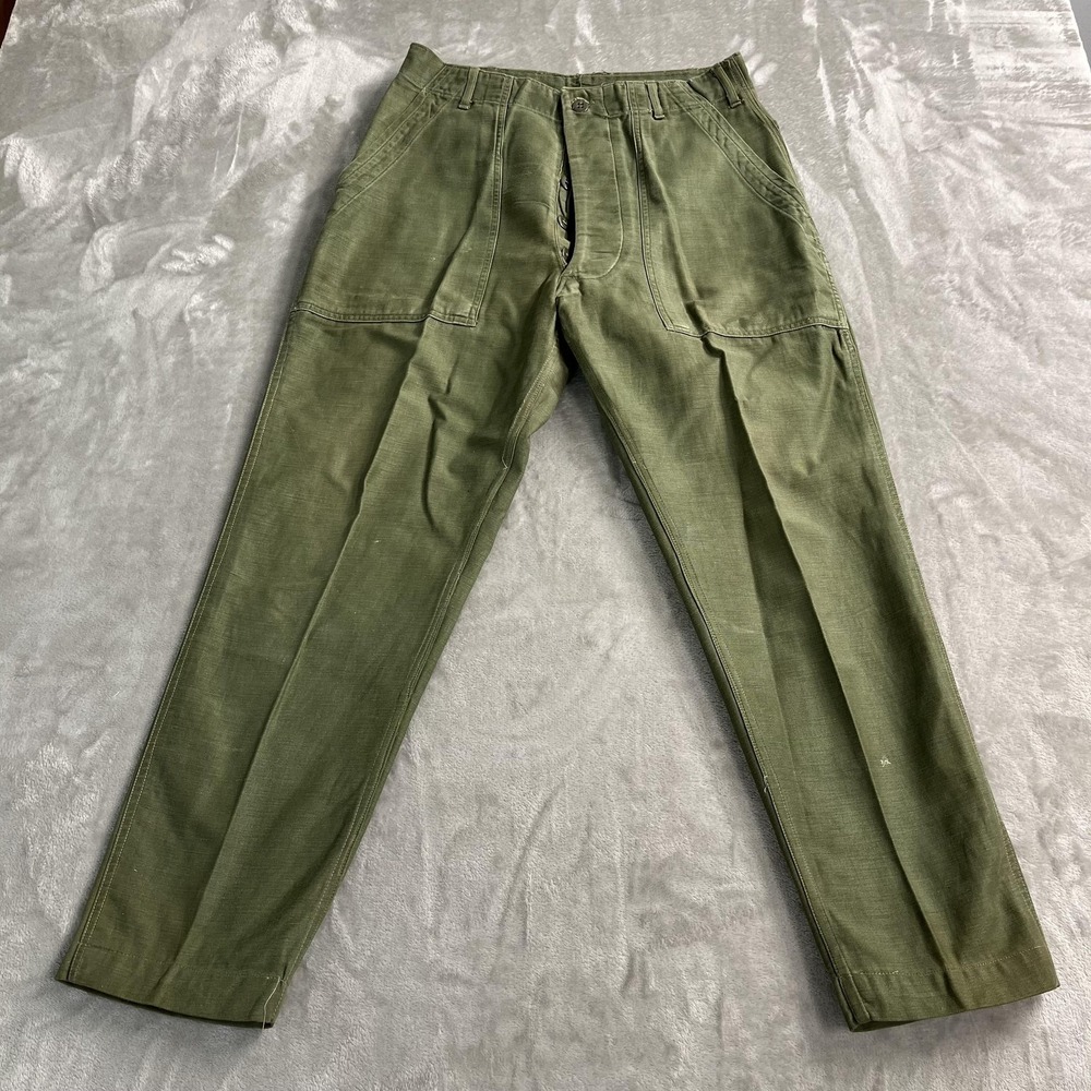 Vintage US Army Pants Mens 32x27 Green Cotton Sateen Button Fly Cargo Military